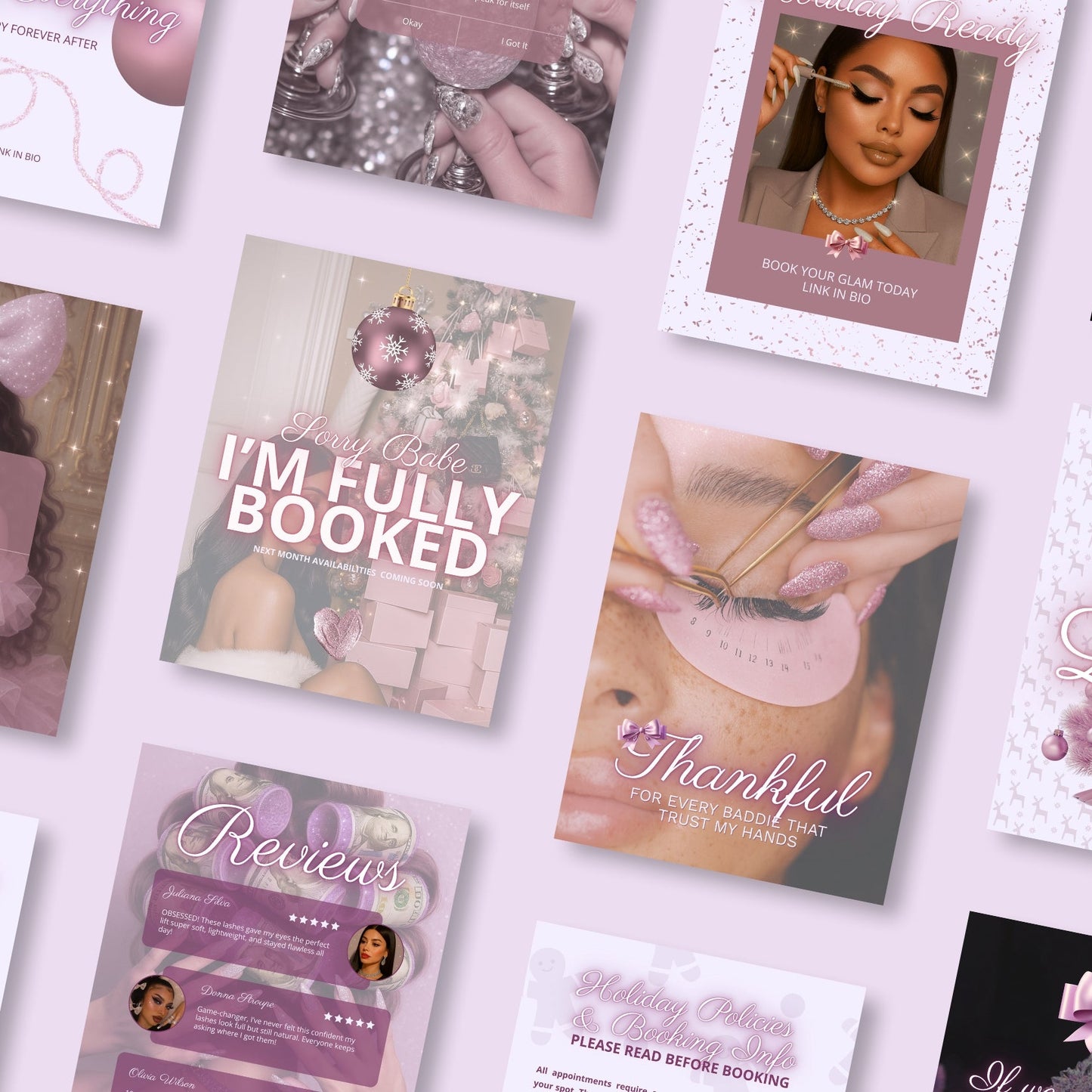 Collection of promotional cards with various designs and text on a light pink background