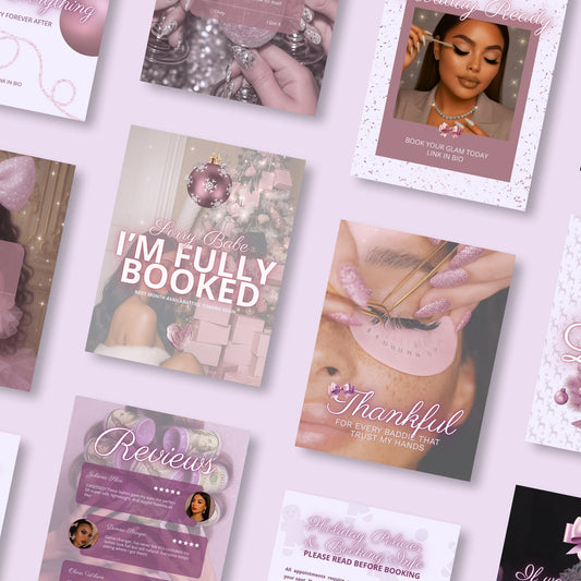 Collection of promotional cards with various designs and text on a light pink background
